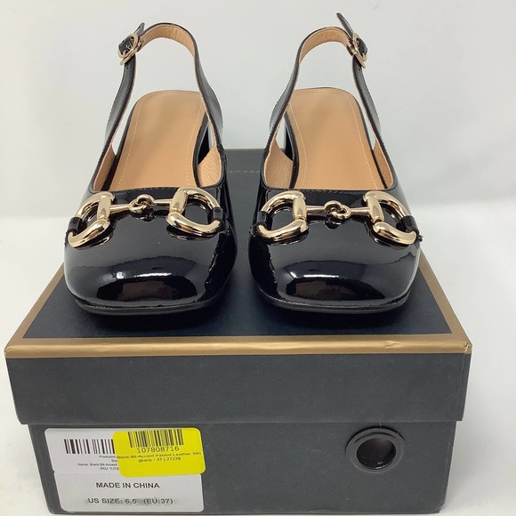 YOUTHJUNE Bit-Accent Patent Leather Slingback in Black with Gold Size 37 US‎ 6.5 - Picture 3 of 8